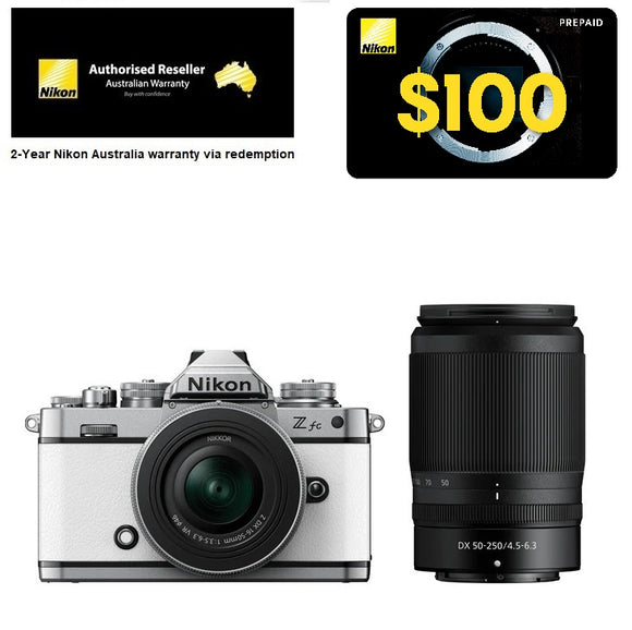 Nikon Z fc Mirrorless Camera + Z DX 16-50 VR SL + 50-250 VR Lens, White,  2-YEAR WARRANTY