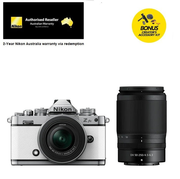 Nikon Z fc Mirrorless Camera + Z DX 16-50 VR SL + 50-250 VR Lens, White,  2-YEAR WARRANTY