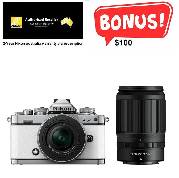 Nikon Z fc Mirrorless Camera + Z DX 16-50 VR SL + 50-250 VR Lens, White,  2-YEAR WARRANTY