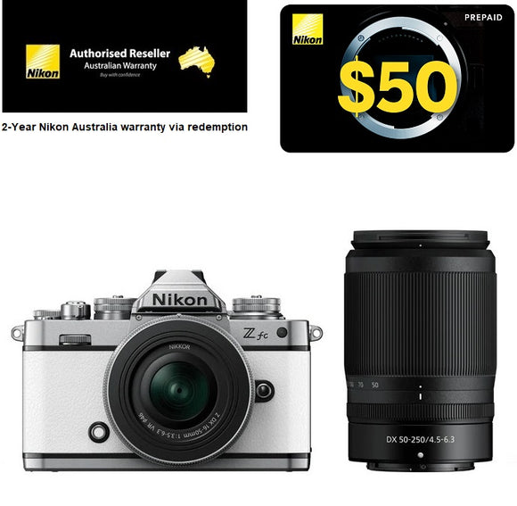 Nikon Z fc Mirrorless Camera + Z DX 16-50 VR SL + 50-250 VR Lens, White,  2-YEAR WARRANTY